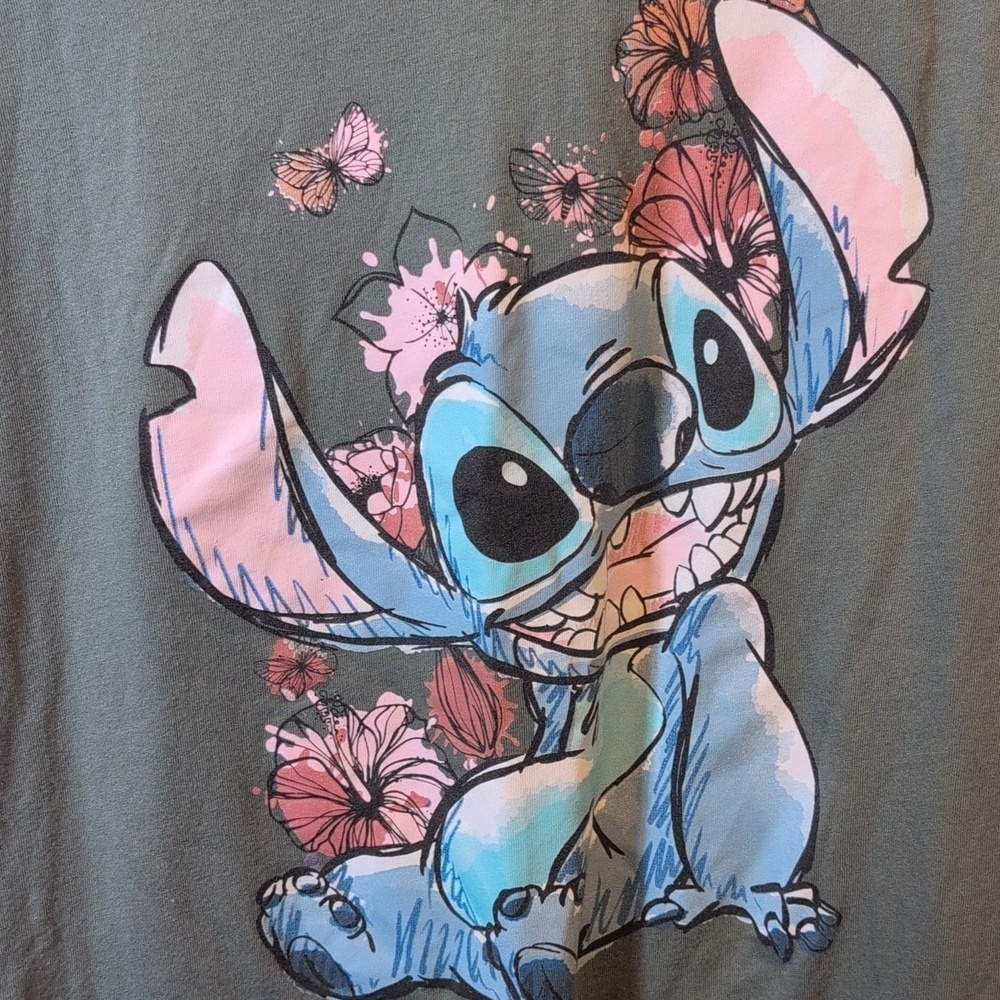 Juniors XL • Disney • Olive Green Graphic Tee with Stitch and Floral Design - Picture 4 of 7